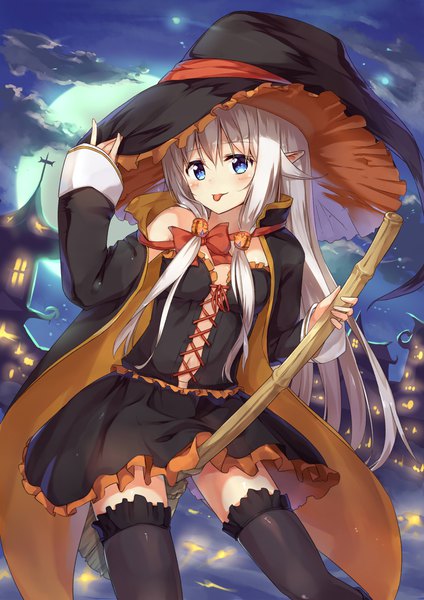 Anime picture 2893x4092 with original ruma imaginary single long hair tall image looking at viewer highres blue eyes smile white hair long sleeves pointy ears sleeves past wrists :p between legs city lights girl thighhighs black thighhighs hat