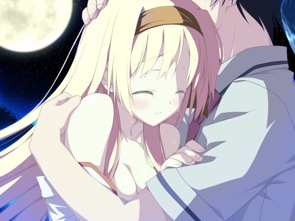 Anime picture 1600x1200 with hoshizora no memoria hisakaki kosame shida kazuhiro long hair blush short hair breasts light erotic black hair blonde hair bare shoulders game cg night no bra couple hug tears girl boy ribbon (ribbons)