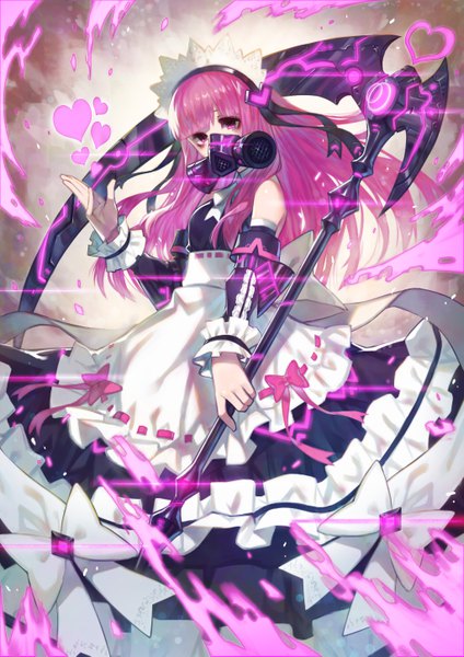 Anime picture 4093x5787 with original doku-chan (dokkudokudoku) single long hair tall image highres bare shoulders holding pink hair absurdres pink eyes off shoulder maid floating hair neon trim girl uniform weapon detached sleeves frills