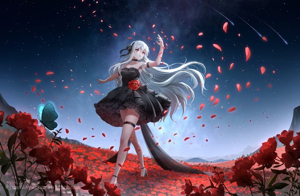 Anime picture 2000x1310 with original nine (pixiv2571715) single long hair fringe highres hair between eyes red eyes bare shoulders signed looking away silver hair full body outdoors arm up wind night high heels night sky twitter username