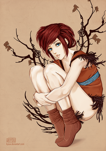 Anime picture 770x1100 with original kyoux (artist) single long hair tall image looking at viewer fringe short hair blue eyes simple background hug crossed arms brown background girl socks leaf (leaves) branch