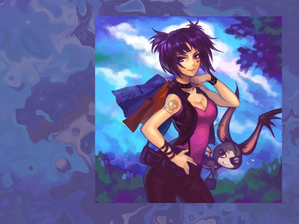 Anime picture 1280x960 with gaia online moira (gaia) derlaine8 (artist) single looking at viewer fringe short hair purple eyes holding sky purple hair cloud (clouds) light smile tattoo sleeveless hand on hip dark background bat wings face paint nature