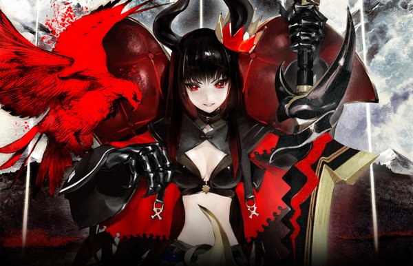 Anime picture 1681x1082 with black rock shooter black gold saw single long hair looking at viewer open mouth black hair smile red eyes horn (horns) midriff girl gloves weapon animal sword bird (birds) bikini top