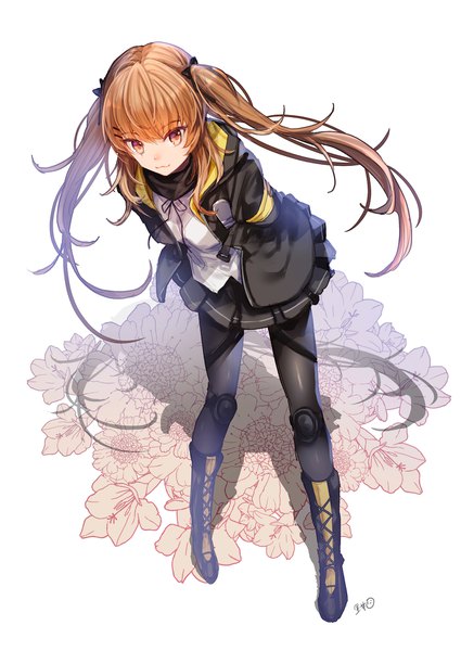 Anime-Bild 1417x2000 mit girls frontline ump9 (girls frontline) satoimo (3311 mi) single long hair tall image looking at viewer brown hair white background twintails brown eyes payot full body open jacket shadow leaning leaning forward hands behind back :3 floral background