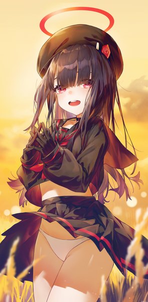 Anime picture 2952x6000 with blue archive justice committee club member (blue archive) swkl:d single long hair tall image looking at viewer fringe highres open mouth light erotic black hair smile red eyes standing outdoors blunt bangs long sleeves :d pleated skirt