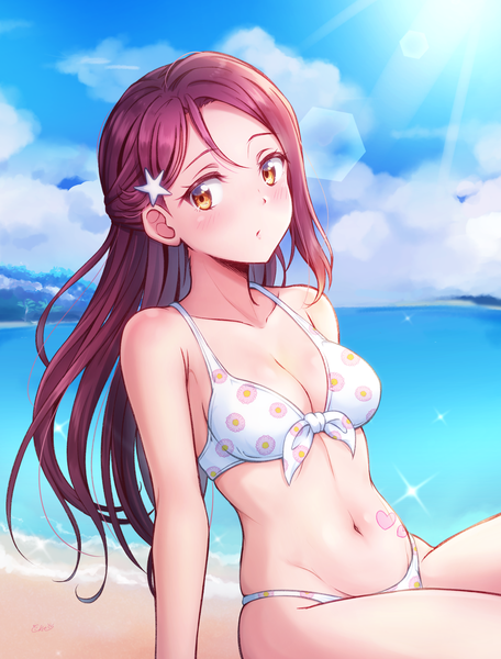 Anime picture 1900x2500 with love live! sunshine!! sunrise (studio) love live! sakurauchi riko ckst single long hair tall image looking at viewer blush fringe highres breasts light erotic sitting yellow eyes payot sky cleavage cloud (clouds)