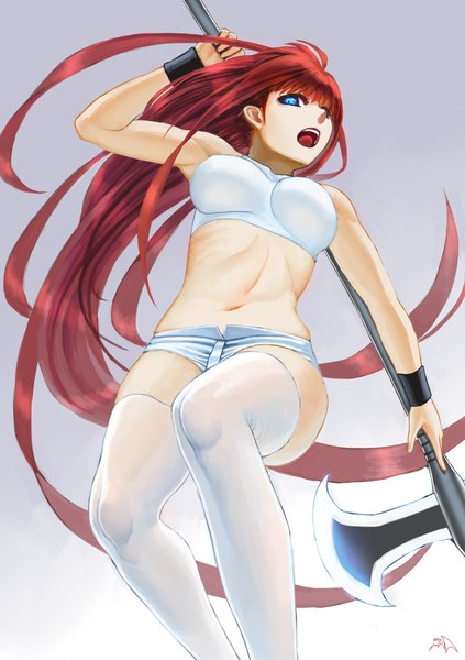 Anime picture 1748x2480 with original darkmuleth single tall image looking at viewer fringe highres open mouth blue eyes light erotic simple background bare shoulders bent knee (knees) red hair very long hair grey background bare belly screaming girl thighhighs