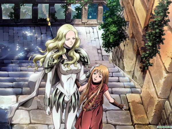 Anime picture 1024x768 with claymore madhouse clare (claymore) teresa long hair breasts open mouth blonde hair green eyes eyes closed looking up girl dress gloves plant (plants) belt armor building (buildings) cloak stairs