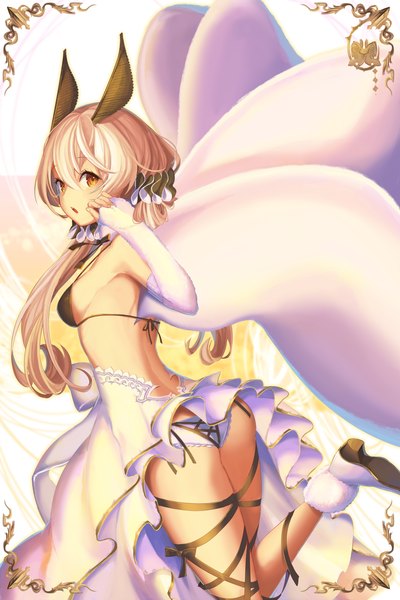 Anime picture 1000x1500 with original yu-ri single long hair tall image light erotic blonde hair twintails bare shoulders brown eyes bent knee (knees) ass parted lips looking back from behind shirt lift girl gloves ribbon (ribbons) elbow gloves