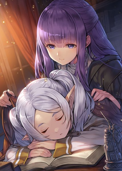 Anime picture 1042x1461 with sousou no frieren frieren fern (sousou no frieren) hagure keg long hair tall image fringe smile purple eyes twintails multiple girls silver hair purple hair indoors blunt bangs eyes closed pointy ears elf half updo sleeping