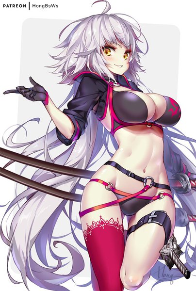 Anime picture 674x1000 with fate (series) fate/grand order jeanne d'arc (fate) (all) jeanne d'arc alter (fate) jeanne d'arc alter (swimsuit berserker) (fate) hong (white spider) single tall image looking at viewer blush fringe breasts light erotic simple background smile large breasts standing white background signed yellow eyes