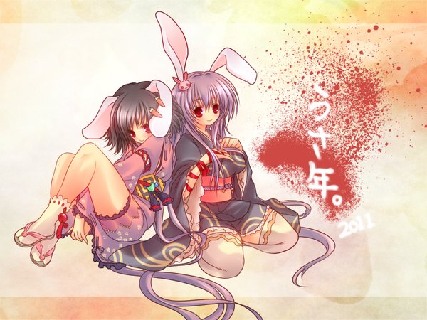 Anime picture 1600x1200 with touhou reisen udongein inaba inaba tewi cube (maryquant) long hair short hair black hair red eyes multiple girls animal ears purple hair bunny ears bunny girl girl thighhighs 2 girls
