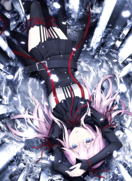 Anime picture 694x951 with guilty crown production i.g yuzuriha inori haribote (tarao) single long hair tall image looking at viewer fringe blue eyes hair between eyes payot pink hair lying pleated skirt from above arms up on back upside down girl