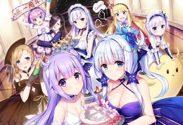 イラスト 5031x3437 と アズールレーン ベルファスト(アズールレーン) イラストリアス(アズールレーン) ユニコーン(アズールレーン) ジャベリン(アズールレーン) フッド(アズールレーン) クイーン・エリザベス(アズールレーン) ベルちゃん(アズールレーン) アーク・ロイヤル(アズールレーン) illustrious (never-ending tea party) (azur lane) 銀silveroid 長髪 カメラ目線 赤面 前髪 highres 開いた口 金髪 笑顔 紫目