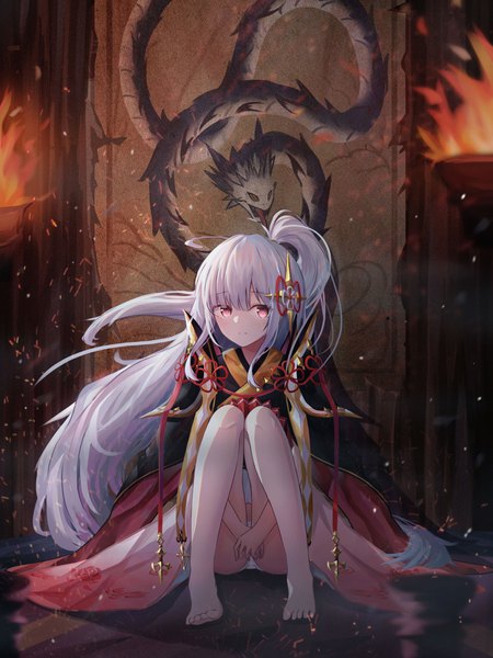 Anime picture 3000x4000 with seven knights kagura (seven knights) sye single tall image looking at viewer blush fringe highres light erotic hair between eyes red eyes sitting silver hair full body bent knee (knees) ponytail very long hair barefoot wind