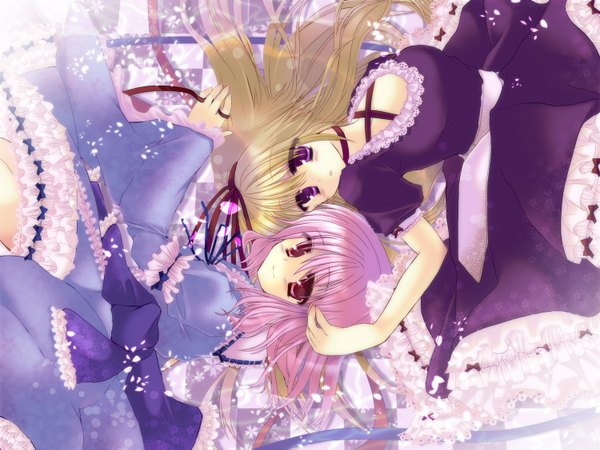 Anime picture 1500x1125 with touhou yakumo yukari saigyouji yuyuko morita gurutamin long hair blonde hair red eyes purple eyes multiple girls pink hair girl dress ribbon (ribbons) 2 girls