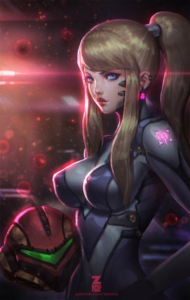 Anime picture 600x946 with metroid samus aran paul (shiramune) single long hair tall image looking at viewer blue eyes light erotic blonde hair ponytail realistic hand on hip girl bodysuit bubble (bubbles) helmet zero suit