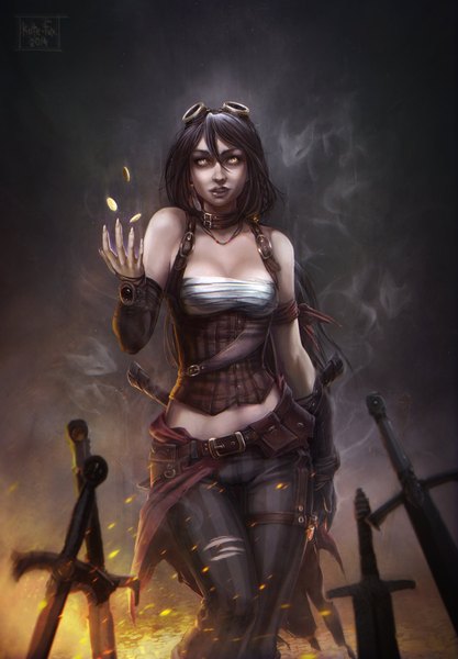 Anime picture 1600x2303 with kate-fox single long hair tall image looking at viewer breasts open mouth black hair standing bare shoulders yellow eyes bare belly torn clothes smoke girl weapon detached sleeves sword belt fire