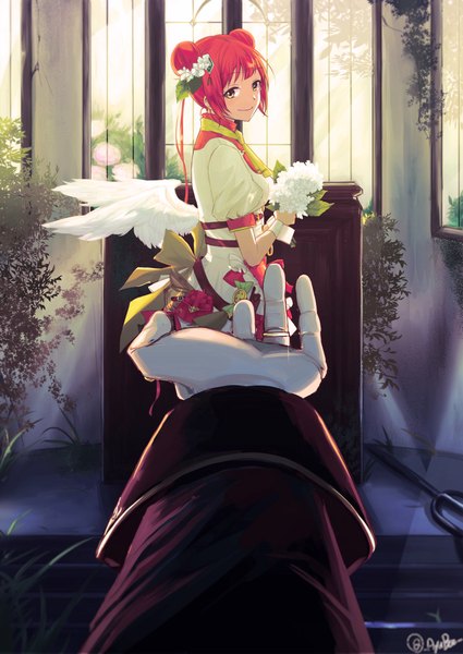 Anime picture 1536x2168 with ayubee long hair tall image fringe smile standing holding signed yellow eyes payot pink hair indoors hair flower short sleeves hair bun (hair buns) puffy sleeves outstretched arm solo focus outstretched hand white wings