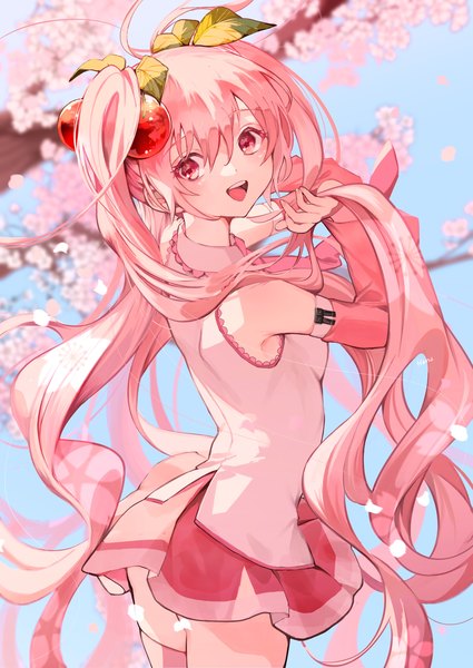 Anime picture 2508x3541 with vocaloid hatsune miku sakura miku hana (h6n6 matsu) single tall image looking at viewer fringe highres open mouth light erotic hair between eyes pink hair ahoge outdoors very long hair :d pink eyes cherry blossoms holding hair