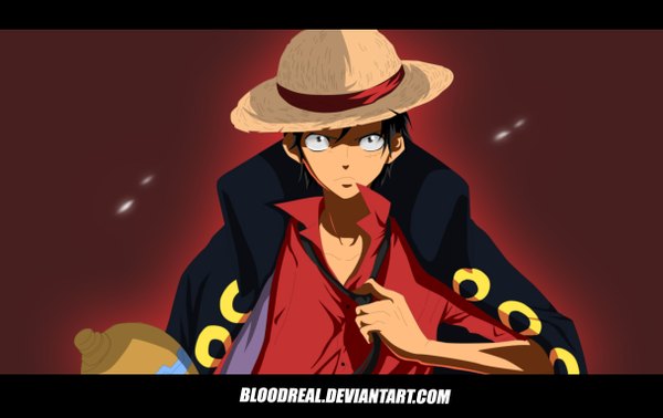 Anime picture 1215x766 with one piece one piece: strong world toei animation monkey d. luffy advance996 single short hair black hair simple background black eyes coloring boy hat shirt necktie cloak straw hat