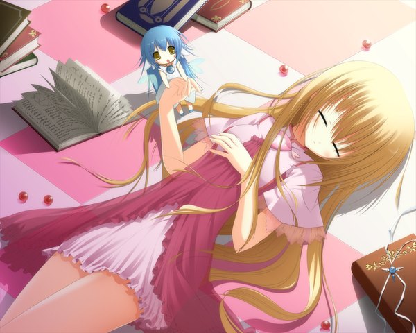 Anime picture 2000x1600 with original liong (artist) long hair highres blonde hair yellow eyes blue hair lying eyes closed sleeping checkered floor dress book (books)
