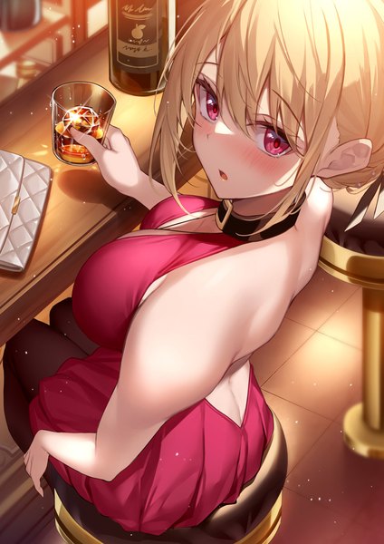 Anime picture 800x1131 with lycoris recoil nishikigi chisato xe (execut3r) single tall image looking at viewer blush fringe short hair breasts open mouth light erotic blonde hair hair between eyes red eyes large breasts sitting bare shoulders holding payot