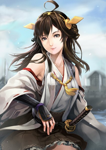 Anime picture 633x897 with kantai collection kongou battleship riku (wana) single long hair tall image looking at viewer fringe brown hair sitting sky cloud (clouds) ahoge traditional clothes head tilt japanese clothes wind black eyes blurry nontraditional miko