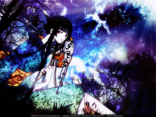 Anime picture 1600x1200 with xxxholic clamp ichihara yuuko long hair looking at viewer black hair red eyes traditional clothes japanese clothes wallpaper dark background fireworks girl hair ornament plant (plants) tree (trees) kimono fan