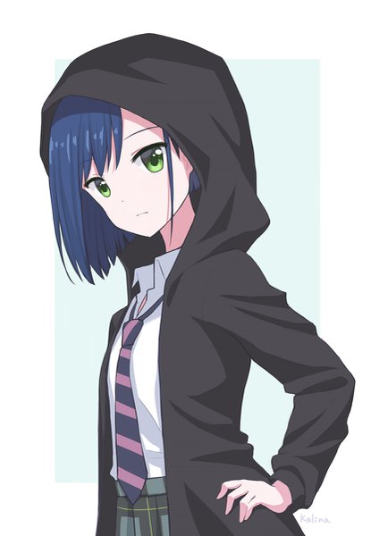 Anime picture 849x1200 with darling in the franxx studio trigger ichigo (darling in the franxx) kalina (skiki86320) single tall image fringe short hair simple background standing white background green eyes signed blue hair upper body open jacket hand on hip border plaid skirt blue background