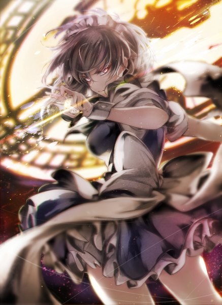 Anime picture 900x1235 with touhou izayoi sakuya pkk single tall image looking at viewer blush fringe short hair breasts hair between eyes red eyes standing holding head tilt pleated skirt looking back wind grey hair from behind