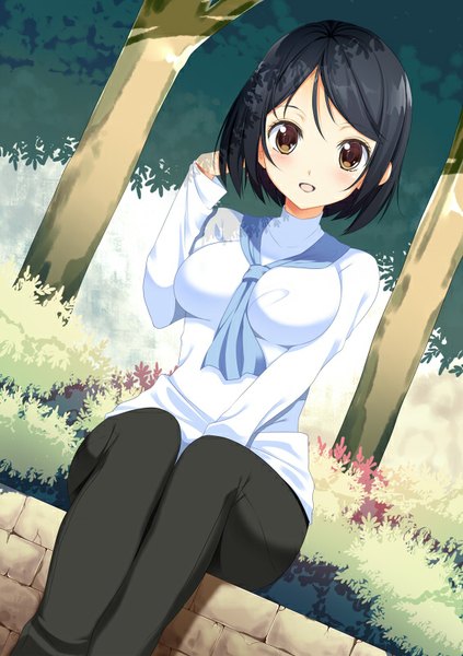 Anime picture 565x800 with original yappen single tall image looking at viewer blush short hair breasts open mouth black hair large breasts sitting brown eyes bent knee (knees) shadow adjusting hair girl plant (plants) tree (trees)