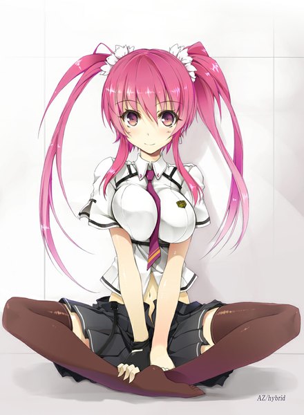 Anime picture 692x944 with original won (az hybrid) single long hair tall image looking at viewer blush light erotic sitting twintails signed pink hair pink eyes no shoes indian style girl thighhighs skirt navel miniskirt