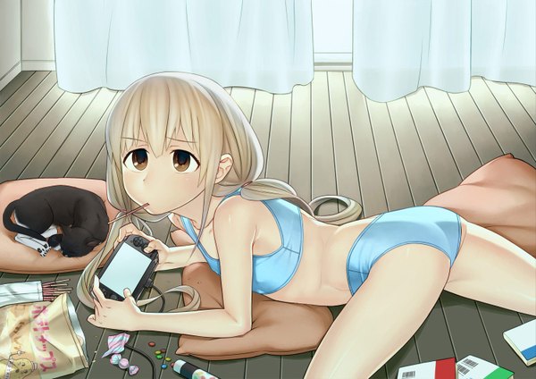 Anime picture 1500x1062 with idolmaster idolmaster cinderella girls futaba anzu harmaline (artist) long hair light erotic twintails bare shoulders brown eyes payot underwear only low twintails jpeg artifacts girl underwear panties animal food sweets pillow