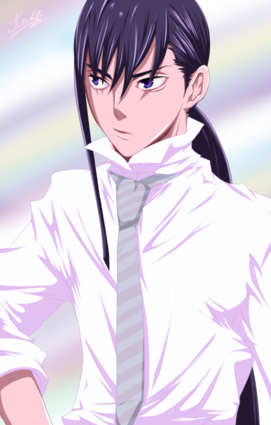 Anime picture 1000x1568 with d.gray-man kanda yuu aconst single long hair tall image purple eyes purple hair ponytail coloring boy shirt necktie