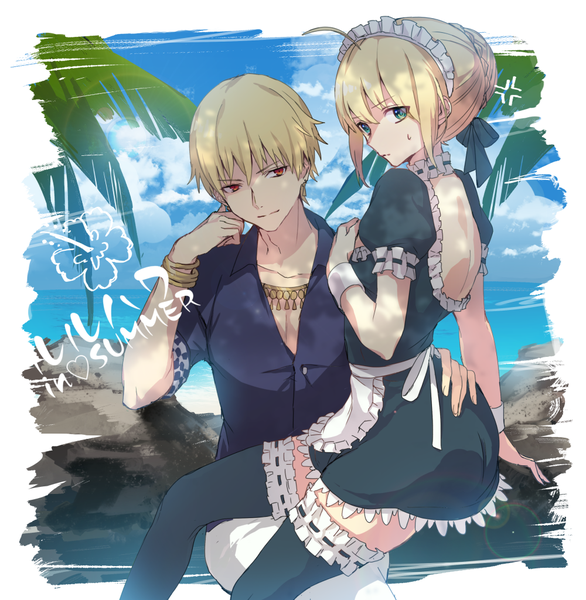 Anime picture 1000x1024 with fate (series) fate/stay night artoria pendragon (all) saber gilgamesh (fate) vivi (eve no hakoniwa) tall image looking at viewer fringe short hair blonde hair smile hair between eyes red eyes sitting green eyes payot sky cloud (clouds) ahoge
