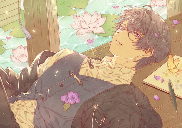 Anime picture 3508x2480 with tears of themis marius von hagen (tears of themis) jiukuzi18797 single looking at viewer fringe highres short hair black hair hair between eyes purple eyes absurdres lying on back boy flower (flowers) glasses insect butterfly vest