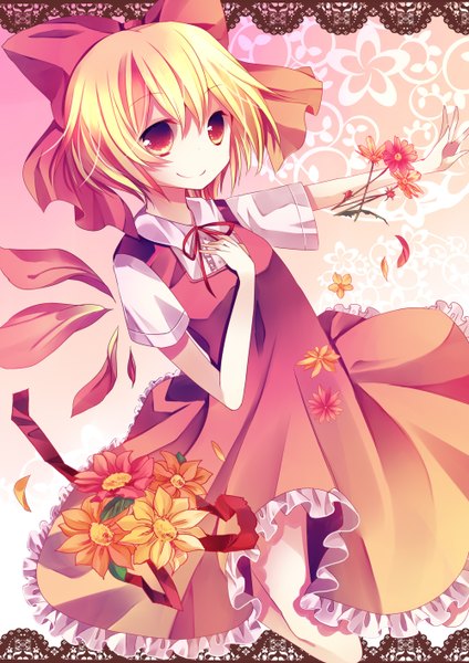 Anime picture 1000x1414 with touhou cirno kusada souta single tall image short hair blonde hair smile red eyes looking away outstretched arm alternate color alternate wings girl dress flower (flowers) bow hair bow petals frills