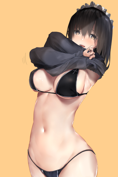 Anime picture 1193x1778 with original araido kagiri single tall image looking at viewer blush fringe short hair breasts open mouth light erotic black hair simple background hair between eyes large breasts standing brown eyes payot sideboob undressing