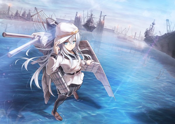 Anime picture 1200x852 with kantai collection hibiki destroyer verniy destroyer bae.c single long hair looking at viewer fringe blue eyes hair between eyes standing sky silver hair cloud (clouds) pleated skirt from above sunlight shadow dutch angle lens flare