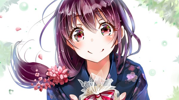 Anime picture 1000x563 with original keepout single long hair looking at viewer blush fringe smile red eyes brown hair wide image holding ponytail traditional clothes japanese clothes floral print girl flower (flowers) petals yukata