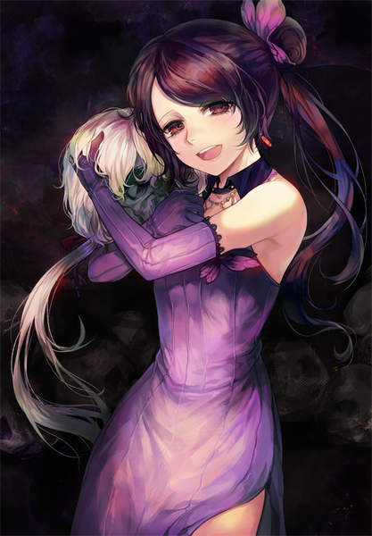 Anime picture 700x1006 with sound horizon michele malebranche gijang single long hair tall image looking at viewer open mouth blonde hair smile standing bare shoulders brown eyes ponytail side slit dark hair creepy girl dress gloves