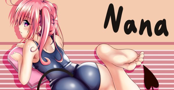 Anime picture 1920x1000 with toloveru toloveru darkness xebec nana asta deviluke xyomouse single long hair looking at viewer blush highres light erotic wide image purple eyes twintails bare shoulders pink hair ass looking back barefoot character names