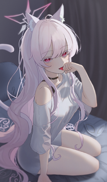 Anime picture 3090x5242 with blue archive akira (blue archive) rega single long hair tall image looking at viewer fringe highres hair between eyes red eyes sitting animal ears absurdres silver hair ahoge tail animal tail cat ears cat girl