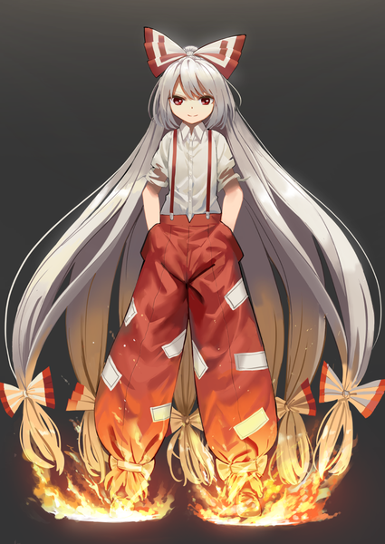 Anime picture 869x1228 with touhou fujiwara no mokou suna (s73d) single tall image looking at viewer simple background smile red eyes standing silver hair full body very long hair black background hands in pockets girl bow hair bow shirt white shirt