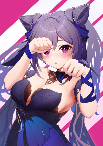 Anime picture 1240x1753 with genshin impact keqing (genshin impact) keqing (opulent splendor) (genshin impact) user xscx8578 single long hair tall image looking at viewer fringe breasts open mouth light erotic simple background hair between eyes large breasts standing twintails payot purple hair pink eyes