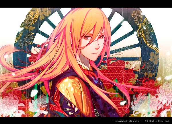 Anime picture 1800x1296 with original ali-chino single long hair looking at viewer fringe highres hair between eyes signed traditional clothes orange hair orange eyes boy flower (flowers) petals higanbana