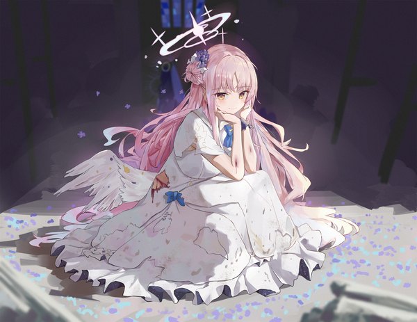 Anime-Bild 3434x2650 mit blue archive mika (blue archive) jsscj single long hair highres sitting yellow eyes pink hair absurdres full body hair bun (hair buns) torn clothes white wings head rest bloody clothes injury bleeding girl dress
