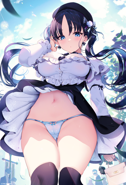 Anime picture 2911x4277 with original kat (bu-kunn) long hair tall image looking at viewer blush fringe highres breasts blue eyes light erotic black hair large breasts standing twintails sky cloud (clouds) outdoors long sleeves arm up
