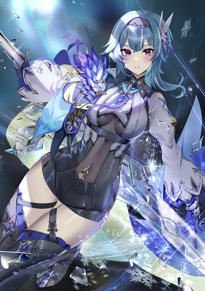 Anime picture 1060x1500 with genshin impact eula lawrence yoshimoto (dear life) single tall image looking at viewer blush short hair breasts light erotic purple eyes blue hair zettai ryouiki girl gloves weapon black gloves hairband snowflake (snowflakes) huge weapon